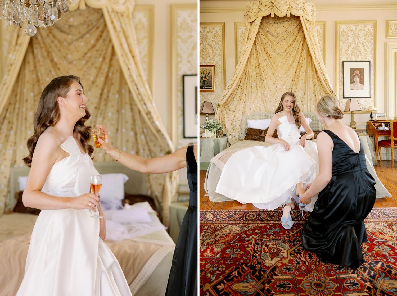 A bride at Chateau Pape Clement applies perfume