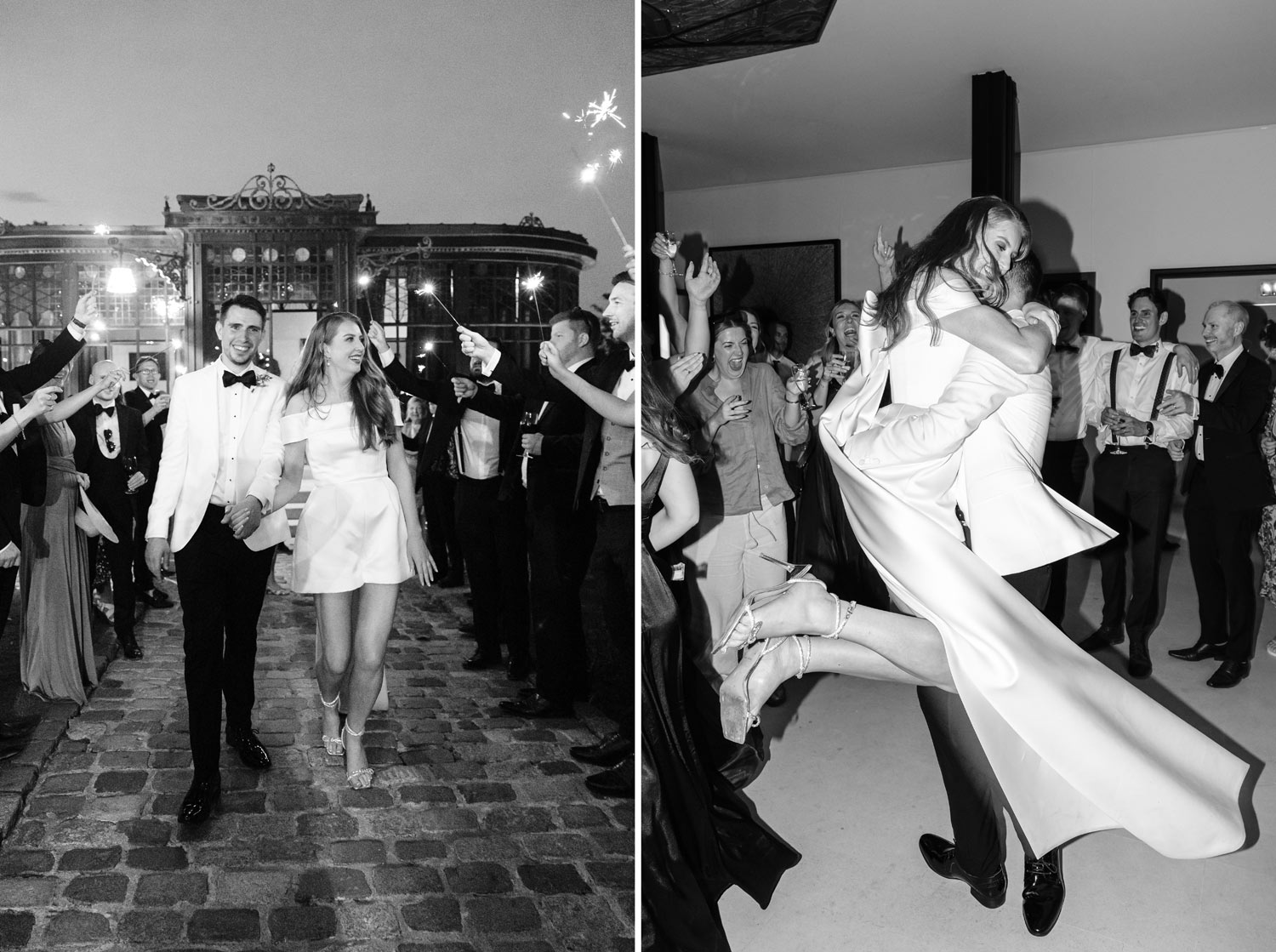 A couple walk through sparklers at their wedding at Chateau Pape Clement