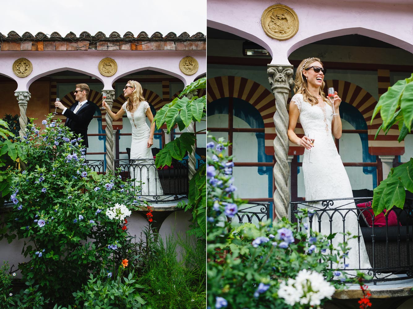 A couple poses for photographs at the Roof Gardens in Kensington - London wedding photographer