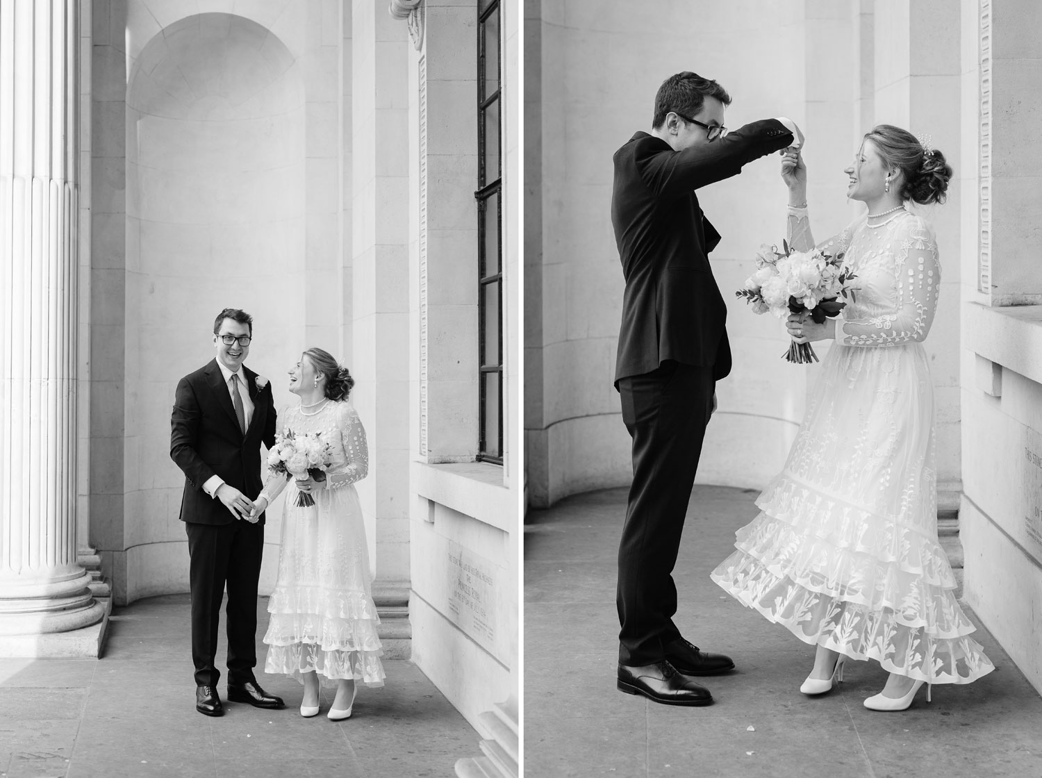 A groom twirls his bride at Marylebone Town Hall